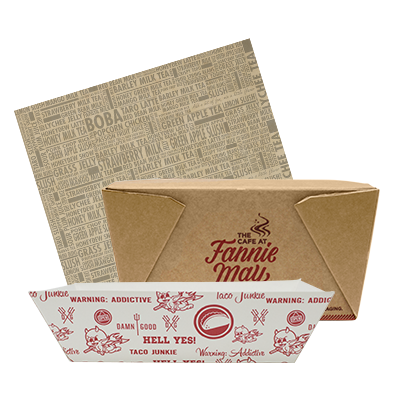 Picture of Paper To-Go Boxes with different company logos on them